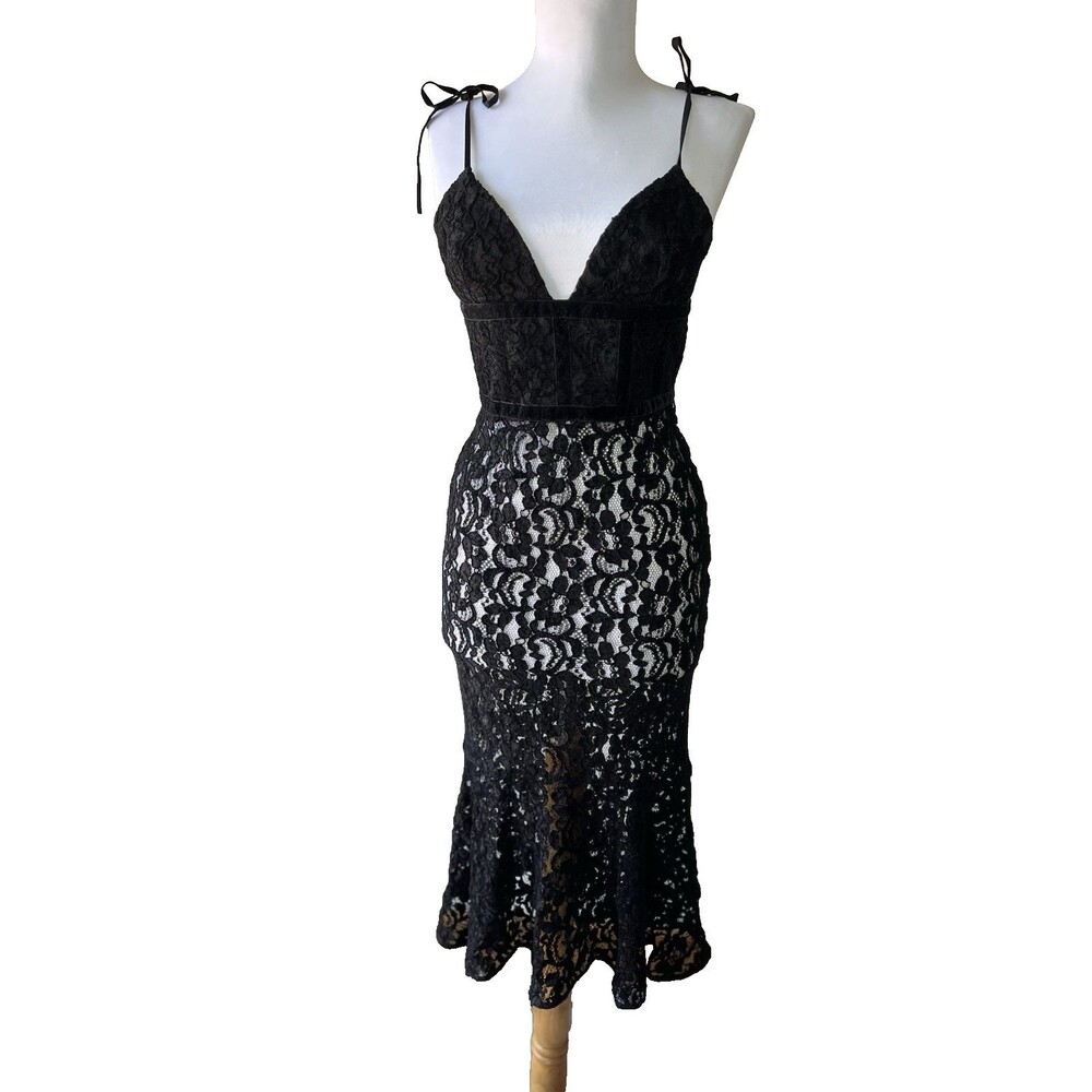 Misha Collection Black Floral Sheer Lace Midi Bodycon Dress V-Neck XS